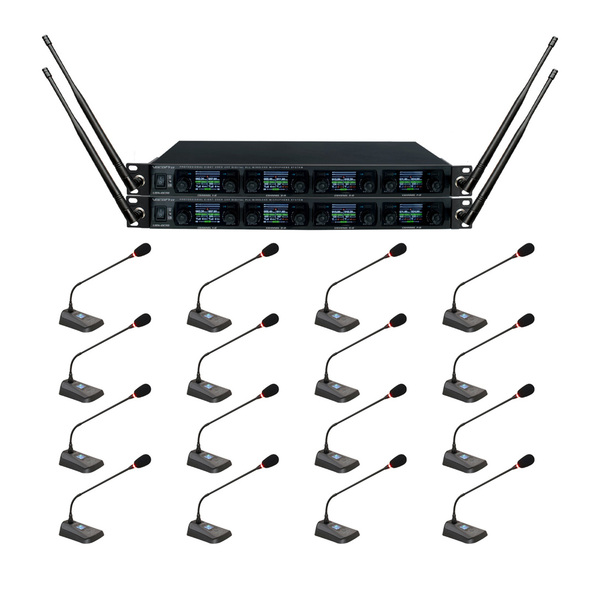 PROFESSIONAL DIGITAL UHF PLL WIRELESS MIC SYSTEM WITH SIXTEEN GOOSENECK PODIUM MICROPHONES